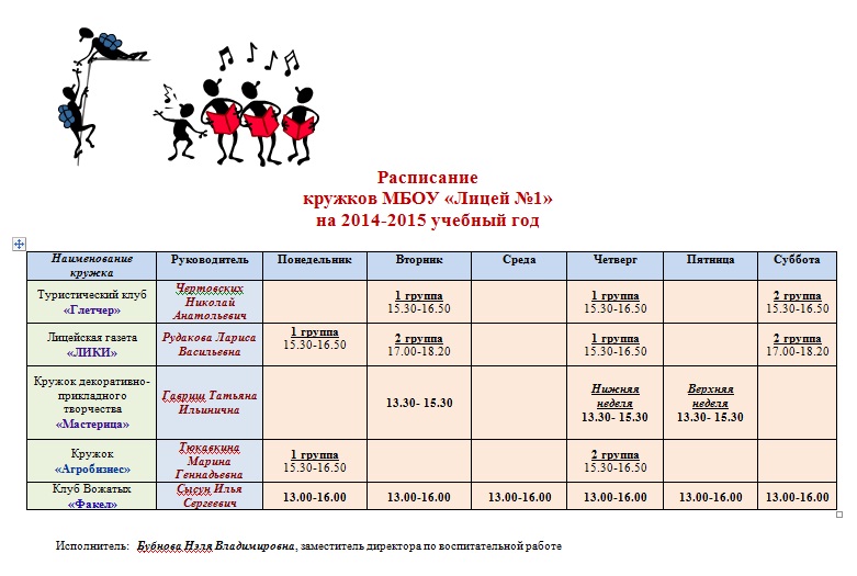 График работы кружка образец